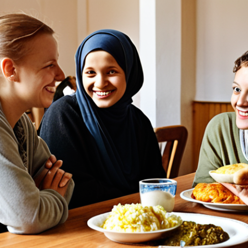 Home 16 **Prompt:** A diverse group of people from various religious backgrounds (subtly implied by diverse features or modest attire) gathered around a table in a warm, inviting setting, like a community center in Poland. They are sharing a meal and engaging in lively, respectful conversation, symbolizing shared humanity, common values, and interfaith understanding. Focus on genuine smiles, eye contact, and a sense of belonging. Natural, soft lighting.