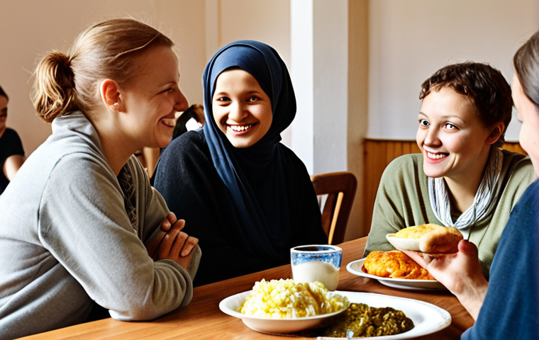 **Prompt:** A diverse group of people from various religious backgrounds (subtly implied by diverse features or modest attire) gathered around a table in a warm, inviting setting, like a community center in Poland. They are sharing a meal and engaging in lively, respectful conversation, symbolizing shared humanity, common values, and interfaith understanding. Focus on genuine smiles, eye contact, and a sense of belonging. Natural, soft lighting.